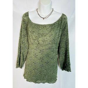 Vintage Women Babydoll Top 90s Soft Crochet Boho Green Forest Fairy Size 18/20